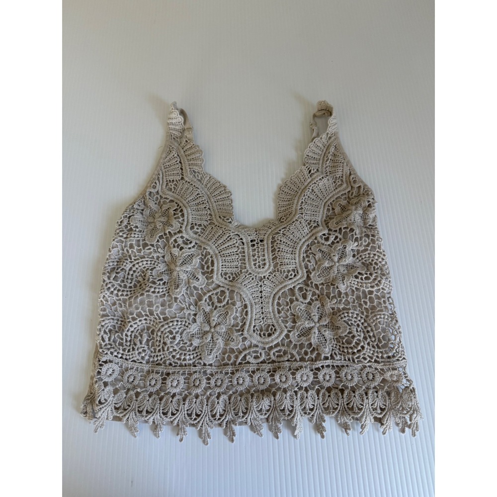 Miss Only Italy Beige Crochet Lace V-Neck Camisole Boho Cotton Tank Top 89023